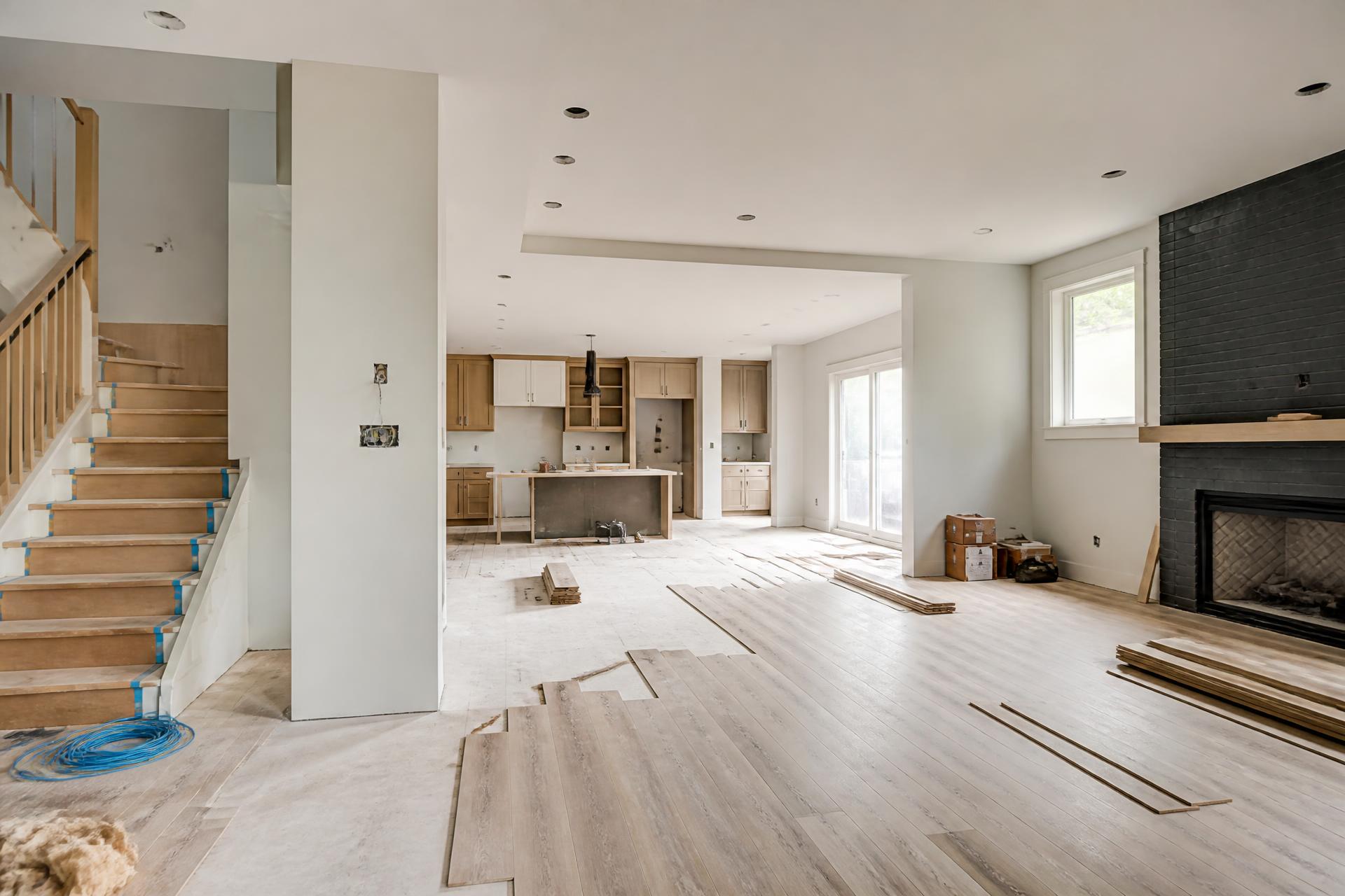 Intérieur résidentiel en cours de rénovation avec plancher de bois en installation